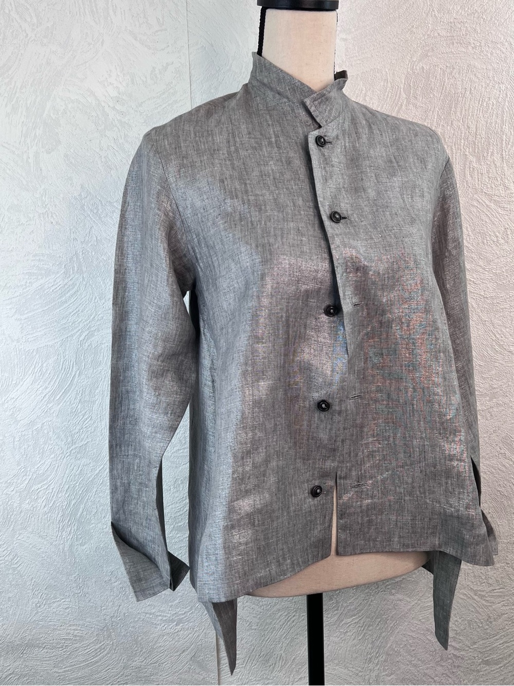 Shirin Guild Silver-Gray 100% Linen Mandarin Collar Shirt Size Small